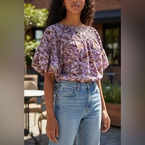 entro Purple and Green Abstract Design Pleated Puff-Sleeve Body Suit Size S